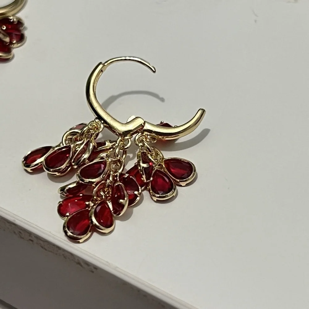 NWT‎ Gold Toned Dangle Earrings Multifaceted Hook Hoop Red Glass